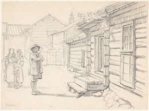 Rua em Orsa, Dalarne, com duas mulheres à esquerda, uma criança e um homem de Wilhelm Marstrand