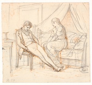 Interior com jovem desanimado e uma garota em uma cama de Wilhelm Marstrand