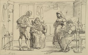 Interior onde um jovem explica algo a um monge sentado, ou seja, menina chorando e velha esposa de Wilhelm Marstrand