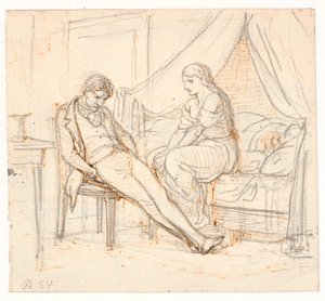 Interior com jovem desanimado e uma garota em uma cama de Wilhelm Marstrand