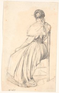 Mulher italiana sentada em uma cadeira, vista por trás