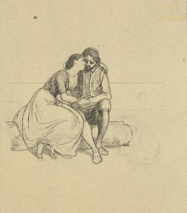 Casal de amantes em trajes nacionais sentado em um tronco de Wilhelm Marstrand