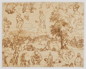 Landschaft mit Pferdewagen und zahlreichen Figurenskizzen de Wilhelm Marstrand