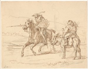 Enquanto Sancho observa, Dom Quixote ataca de Wilhelm Marstrand