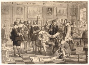 O plano para a Bolsa de Valores é apresentado à Chr. 4. na sala de audiências em Rosenborg de Wilhelm Marstrand