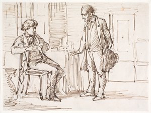Conversa entre um homem mais jovem sentado e um homem mais velho em pé de Wilhelm Marstrand