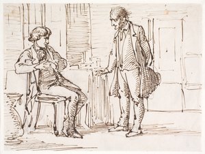 Conversa entre um homem mais jovem sentado e um homem mais velho em pé de Wilhelm Marstrand
