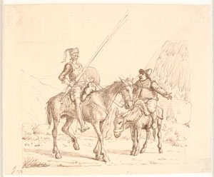 Sancho no burro explica algo a Dom Quixote