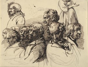 Folha de estudo com oito cabeças masculinas e uma mulher sem cabeça de Wilhelm Marstrand