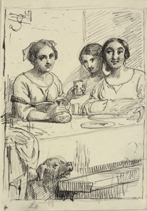 Três garotas em uma mesa, debaixo da mesa um cachorro de Wilhelm Marstrand