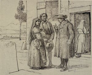 Do lado de fora de uma casa, um padre exorta um jovem casal de Wilhelm Marstrand