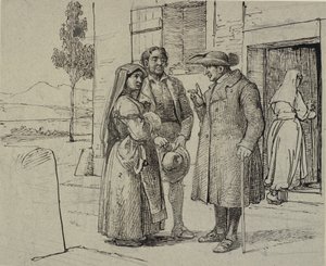 Do lado de fora de uma casa, um padre exorta um jovem casal de Wilhelm Marstrand