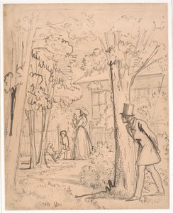 Jovem observa os movimentos de sua amada no jardim (à espreita) de Wilhelm Marstrand