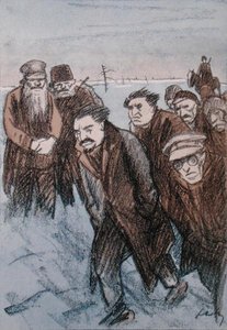 Caricatura de Leon Trotsky (1879-1940) na Sibéria, da revista 