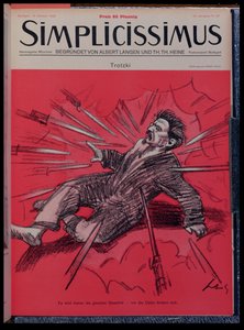 Caricatura de Leon Trotsky (1879-1940) sob ataque, da revista "Simplicisissimus", Outubro de 1928 (cor litho)