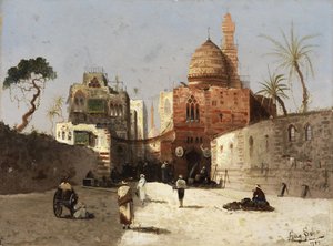 Português: Cena de rua oriental com mesquita, minarete e comerciantes em um pátio. de Wilhelm Sohn