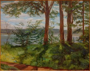 Paisagem no Lago Starnberg com três árvores de Wilhelm Trübner