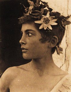 Estudo de um menino siciliano com Passionflowers no cabelo, Sicília, c.1899 (foto) de Baron Wilhelm von Gloeden