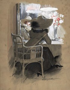Retrato de uma mulher sentada numa mesa, c.1896 (aguarela, têmpera branca e vermelha sobre grafite) de Will Houghton
