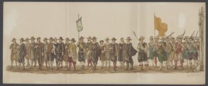 Desfile de Delft de 1862, sétimo e oitavo grupo Quarto Lustrum da Royal Academy em Delft - Ao. 1862 - Costumed Optogt (título da série no objeto)