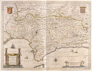 Andaluzia e cidade de Sevilha, Estreito de Gibraltar, em "Theatrum Orbis Terrarum, sive Atlas Novus" de Willem Blaeu, Amesterdão