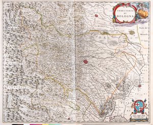 Bolonha, Itália, em "Theatrum Orbis Terrarum, sive Atlas Novus" de Willem Blaeu, Amesterdão de Willem Blaeu