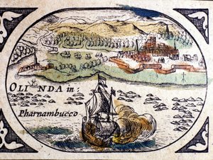 Brasil, vista de Pernambuc (Recife), Atlas de W. G. Blaeu, Amsterdam 1600. de Willem Blaeu