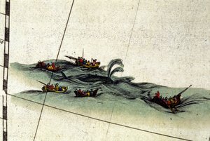 Os pescadores bretões caçam a baleia com o arpão de mão. Detalhe do Atlas de William Blaeu, impresso em Amesterdão em 1665. de Willem Blaeu