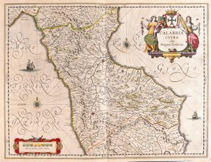 Calábria, Itália, em "Theatrum Orbis Terrarum, sive Atlas Novus" de Willem Blaeu, Amesterdão de Willem Blaeu