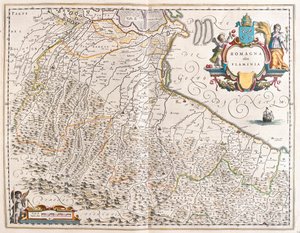 Emilia Romagna, Itália, em "Theatrum Orbis Terrarum, sive Atlas Novus" de Willem Blaeu, Amesterdão de Willem Blaeu