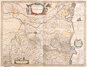 Ferrara, Itália, em "Theatrum Orbis Terrarum, sive Atlas Novus" de Willem Blaeu, Amesterdão de Willem Blaeu
