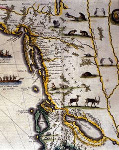 Mapa geográfico do Atlas Holandês do século XVII por Wilhelm Blaeu (1571-1638) mostrando os territórios americano e canadense povos animais de peles. O Norte está abaixo, de acordo com os costumes medievais. de Willem Blaeu