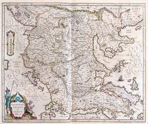 Grécia, Macedónia, Albânia, em "Theatrum Orbis Terrarum, sive Atlas Novus" de Willem Blaeu, Amesterdão de Willem Blaeu