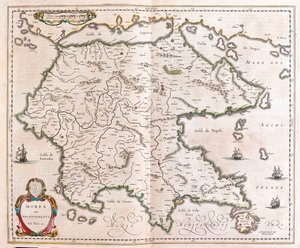 Grécia, Peloponeso, em "Theatrum Orbis Terrarum, sive Atlas Novus" de Willem Blaeu, Amesterdão de Willem Blaeu