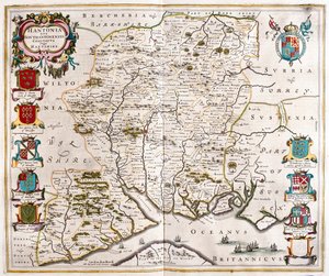 Hampshire e Southampton, em "Theatrum Orbis Terrarum, sive Atlas Novus" de Willem Blaeu, Amesterdão de Willem Blaeu