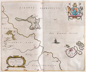Holy island e lindisfarne, em "Theatrum Orbis Terrarum, sive Atlas Novus" de Willem Blaeu, Amesterdão de Willem Blaeu