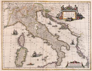 Itália e Córsega, em "Theatrum Orbis Terrarum, sive Atlas Novus" de Willem Blaeu, Amesterdão de Willem Blaeu