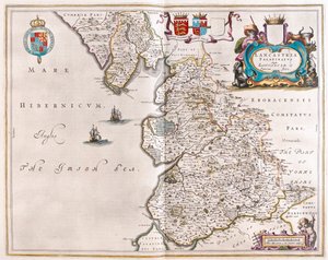 Lancaster e Lancastshire, em "Theatrum Orbis Terrarum, sive Atlas Novus" de Willem Blaeu, Amesterdão de Willem Blaeu