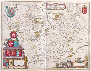 Leichester, em "Theatrum Orbis Terrarum, sive Atlas Novus" de Willem Blaeu, Amesterdão de Willem Blaeu