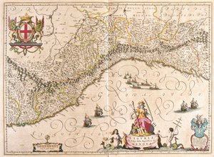 Ligúria, Itália, em "Theatrum Orbis Terrarum, sive Atlas Novus" de Willem Blaeu, Amesterdão de Willem Blaeu