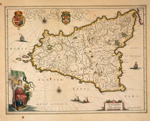 Mapa da Sicília, de Willem Blaeu, da Regionum Italiae, gravura