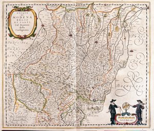 Modena, Reggio Emilia, Carpi, parte final de Garfagnana, Itália, em "Theatrum Orbis Terrarum, sive Atlas Novus" de Willem Blaeu, Amesterdão de Willem Blaeu