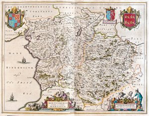 Montgomery e merioneth, em "Theatrum Orbis Terrarum, sive Atlas Novus" de Willem Blaeu, Amesterdão de Willem Blaeu