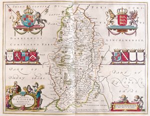 Condado de Nottingham, em "Theatrum Orbis Terrarum, sive Atlas Novus" de Willem Blaeu, Amesterdão de Willem Blaeu