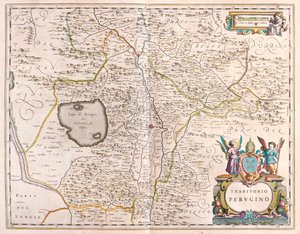 Perugia, Itália, em "Theatrum Orbis Terrarum, sive Atlas Novus" de Willem Blaeu, Amesterdão de Willem Blaeu