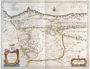 Província espanhola das Astúrias, Castela e Leão, incluindo as cidades de Oviedo, Leão, Santander, Valladolid, em "Theatrum Orbis Terrarum, sive Atlas Novus" de Willem Blaeu, Amesterdão de Willem Blaeu