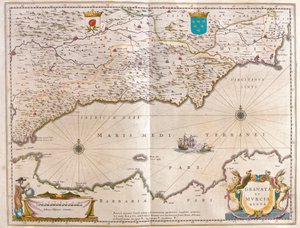 Estreito de Gibraltar a Alicante, até ao interior do vale do Guagalquivir e Sevilha e à costa do Norte de África, em "Theatrum Orbis Terrarum, sive Atlas Novus" de Willem Blaeu, Amesterdão de Willem Blaeu