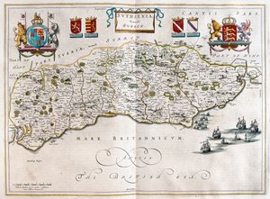 Sussex, em "Theatrum Orbis Terrarum, sive Atlas Novus" de Willem Blaeu, Amesterdão de Willem Blaeu