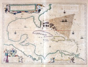 O Mar do Caribe: você pode ver o triângulo das Bermudas entre o Arquipélago das Bermudas, Miami e Porto Rico. De acordo com o Atlas de Wilhelm Blaeu