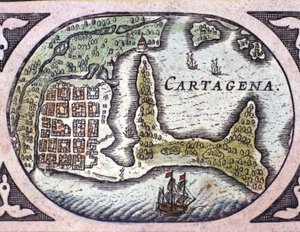 Vista de Cartagena na Colômbia (América do Sul). Detalhe de um mapa do Atlas "Le Theatre du Monde" de Willem Janszoon Blaeu (1571-1638) de Willem Blaeu